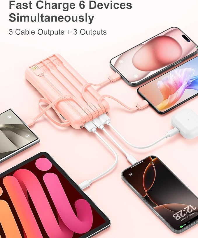Portable Charger with Built in Cables, Slim 10000mAh Fast Charging 22.5W Power Bank USB C LED Display Battery Pack 6 Outputs & 2 Inputs for iPhone Samsung Pixel LG Moto iPad