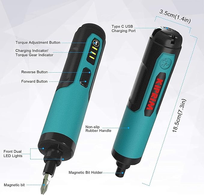 Electric Screwdriver Kiprim 4V Rechargeable Adjustable Torque Cordless Screwdriver Gun with 33 Magnetic Bits Set (2 Drill Bits included),Dual Flashlights,Carrying Box,Type C Cable
