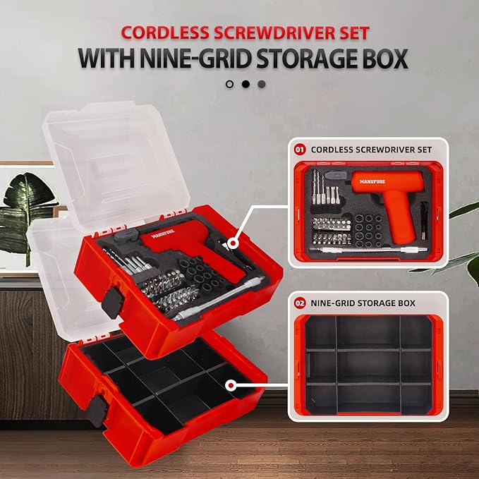 55pcs 2-layer 3.7V Household Electric Cordless Screwdriver Set with LED Light and Charging cable, 2 Level Tool Box for Home, Car