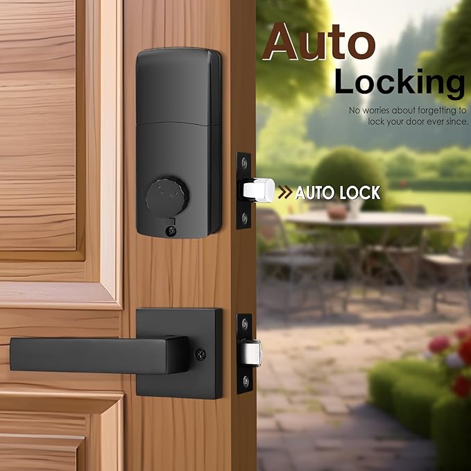 1 Pack Keyless Entry Door Lock Set, Electronic Keypad Handle with Deadbolt, Smart Lockset with App Control & Auto Lock, Single Cylinder Matte Black Front Door Handleset
