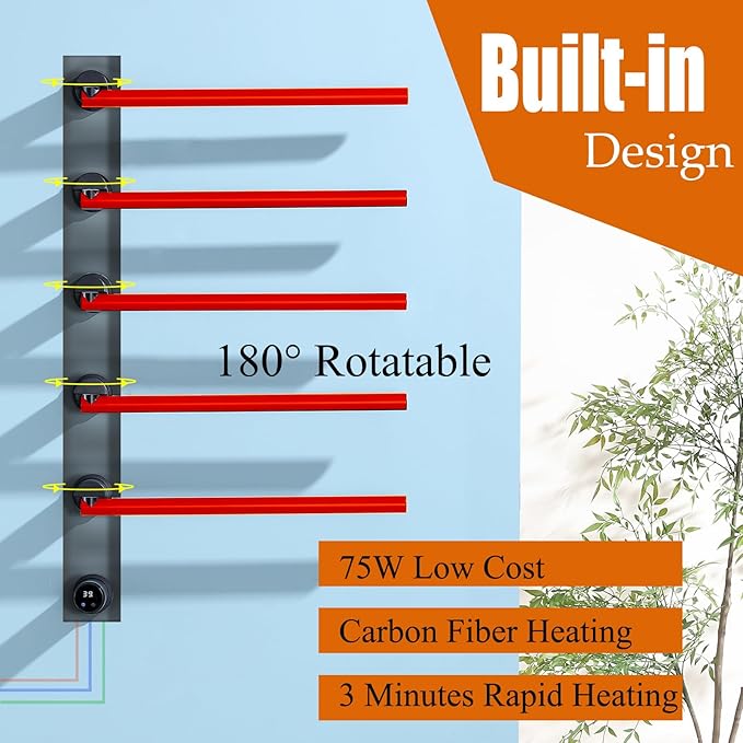 Heated Towel Rack Concealed Smart, 93W Swivel Electric Towel Warmer for Bathroom, Built-in Modular Electric Towel Rack with Timer, Thermostat, LED Display, APP, 5 Bar 180° Rotation, Hardwired, Black