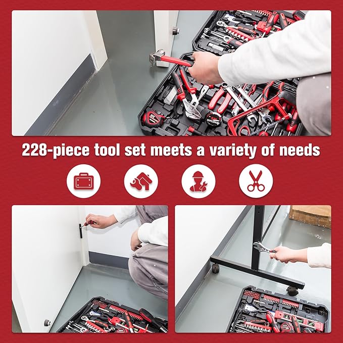 KITLUCK 228-piece Home Tool Kit, Household Hand Repair Tool Set for men, Portable Tool box Set with Tools (Screwdriver, Wrench, Plier, Socket, Harmer, Hex Key, Rule, Saw, Knife, etc.) for Home and Car