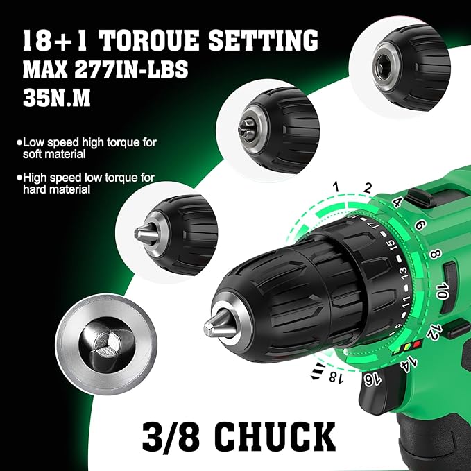 Cordless Drill Set, 3/8 Drill Handheld Screwdriver Kit with 18+1 Torque Setting, 20V Electric Drills Tools Bit, LED Electric Power Drills with Battery and Charger, 1 Battery