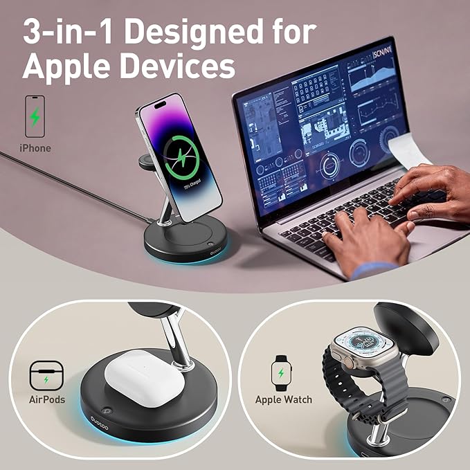 2025 3 in 1 Charging Station Compatible with Mag-safe Charger Wireless Charger Stand for iPhone 17 16 15 14 13 12 Series Wireless Charging Station for AirPods Wireless Charging Stand for iWatch Series