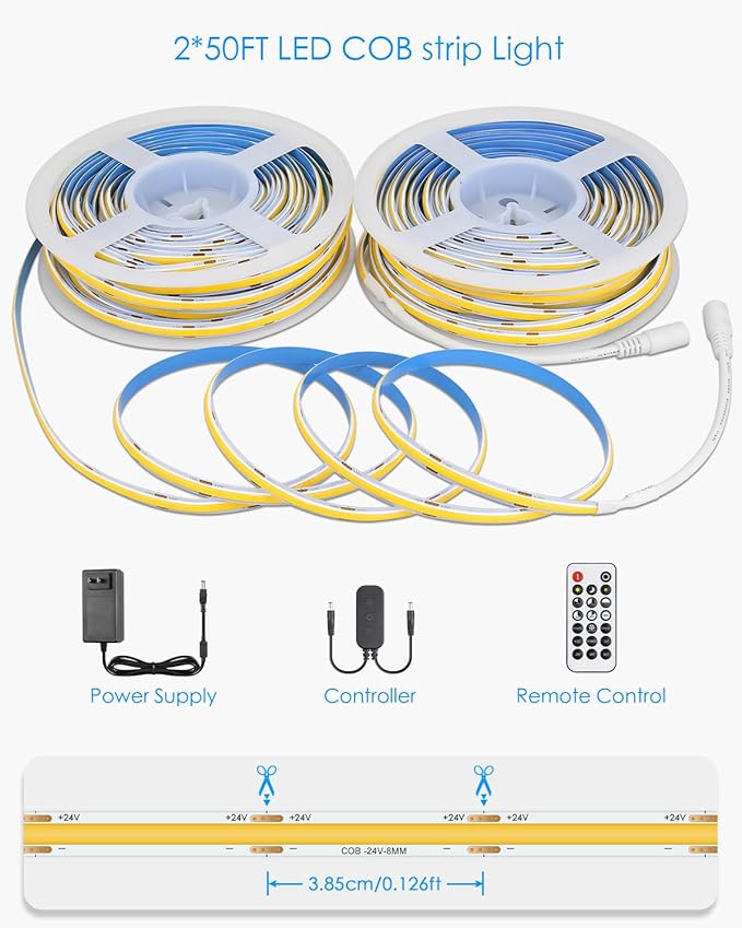 24V COB Led Light Strip 3000K 100FT Bluetooth Dimmable Flexible COB LED Strip Tape Light with Remote for Bedroom Warm White CRI90+ 480LED/M Hight Density Super Bright for Home Lighting 30M/2roll