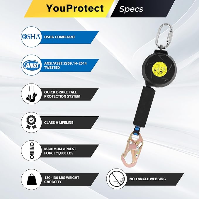 11FT Self Retracting Lifeline Fall Protection Retractable Lanyard, Fall Arrest Safety Yoyo for Construction Industrial - OSHA/ANSI Compliant (Small Hook)
