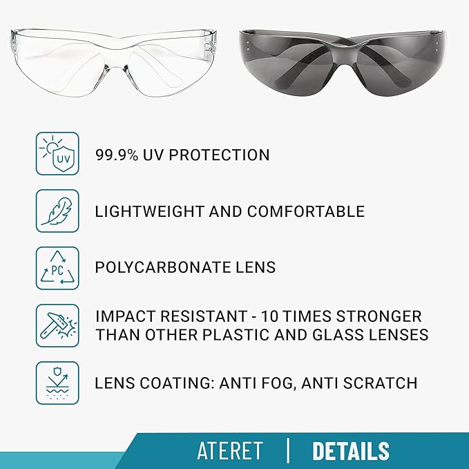 ATERET Protective Polycarbonate Safety Glasses White For Nurses Mechanic Electrician Saftey Glasses Goggles Anti Fog Eye Goggles Safety Protection (144 Pairs, Grey&Clear)