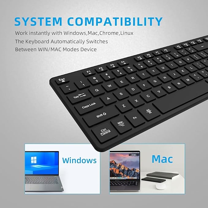 Slim Quiet Wireless Keyboard for Mac and Windows,Durable Flat Keyboard with Full Size Ultra Quiet Low-Profile Flat Keys, 2.4GHz Wireless for Mac,Windows 11/10/8/7/Vista,Microsoft & PC(Black