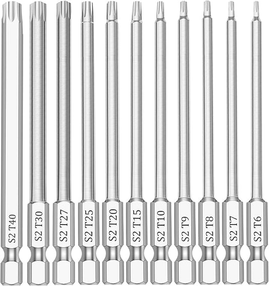11 Piece Security Torx Bit Set (T6-T40), 1/4 Inch Hex Shank S2 Steel Magnetic Tamper Proof star screwdriver bit set 4" Long