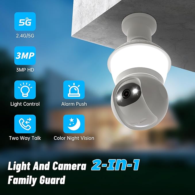 Smart Light Bulb Security Camera, 2-in-1 Bulb Camera with Light,No Wiring, No Drilling WiFi Light Bulbs Camera Outdoor,Cameras for Home Security,Night Vision, AI Detection,2-Way Audio