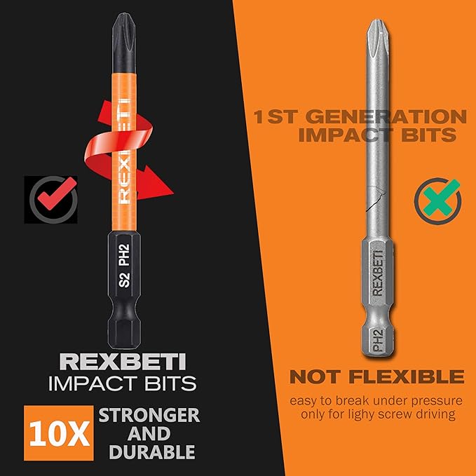 REXBETI 12 Piece Slotted Phillips Screwdriver Bit Set, 1/4 Inch Hex Shank S2 Steel Magnetic 3 Inch Long Drill Bits (Slotted Set)
