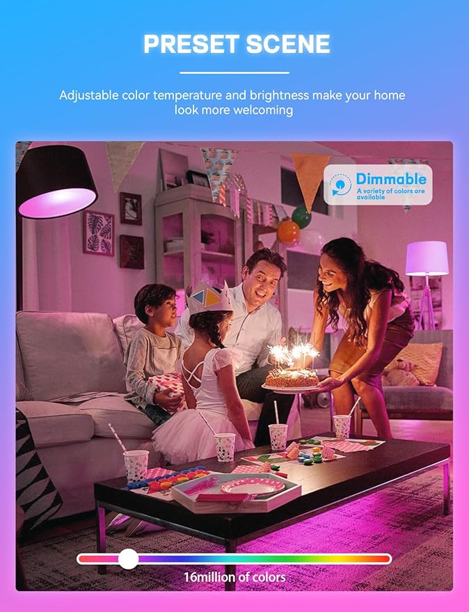 Smart Light Bulbs 4Pack with Remote, A19 E26 800LM LED Color Changing Light Bulb, WiFi & Bluetooth 5.0, Warm to Cool White, Dimmable, RGB Smart Home Lighting Work with Alexa Google Assistant