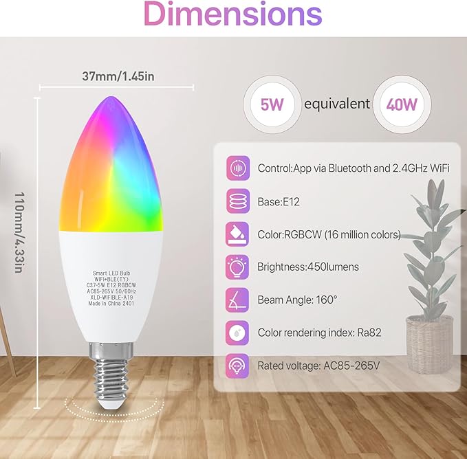 ORALUCE Smart Light Bulbs, WiFi&Bluetooth E12 Smart Bulbs That Work with Alexa Google Home Compatible, 40W Equivalent Type B LED Light Bulb, RGBCW 2700-6500K Color Changing, 5W 450LM, 4Pack, (C37-5W)