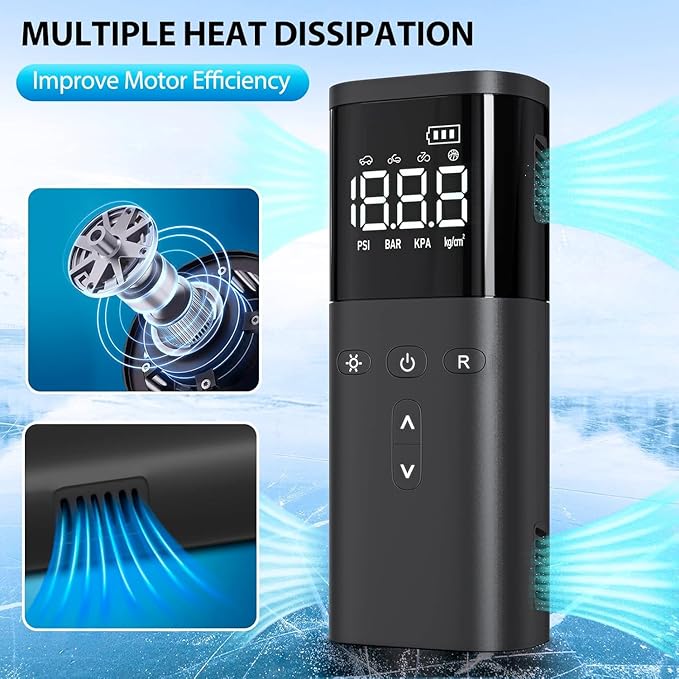Tire Inflator Portable Air Compressor, Air Pump for Car Tires, Cordless Air Compressor 120 PSI - One Click Smart, Tire Pump for Car, Motorcycle, Bicycle, Balls, with Pressure Gauge, LED Light