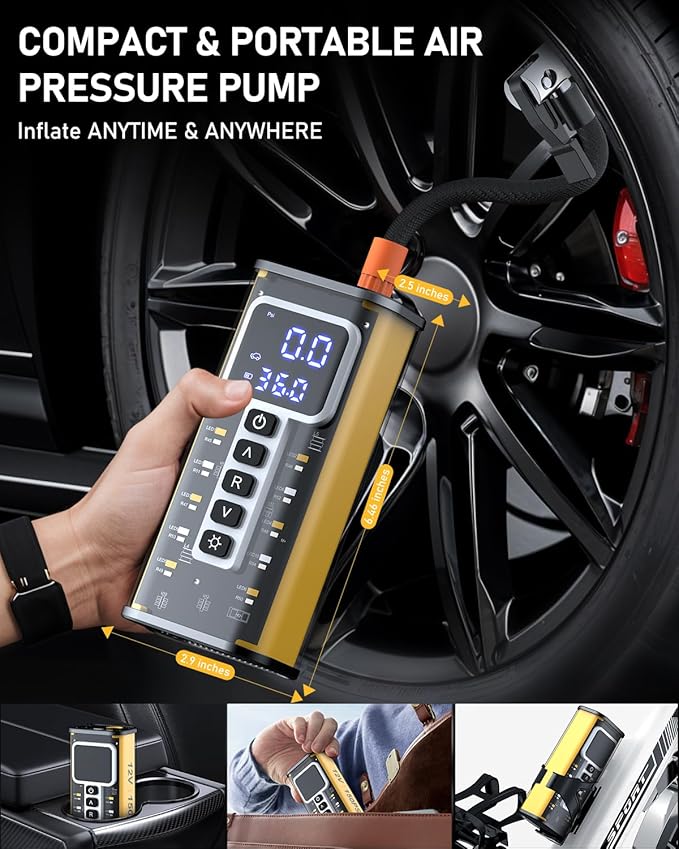 Tire Inflator Portable Air Compressor, 150PSI & 20000mAH Auto Air Compressor for Car Tires, Portable Tire Inflator for Car with Pressure Gauge, Pocket Tire Pump for Cars, Bike, Motorcycle, Ball