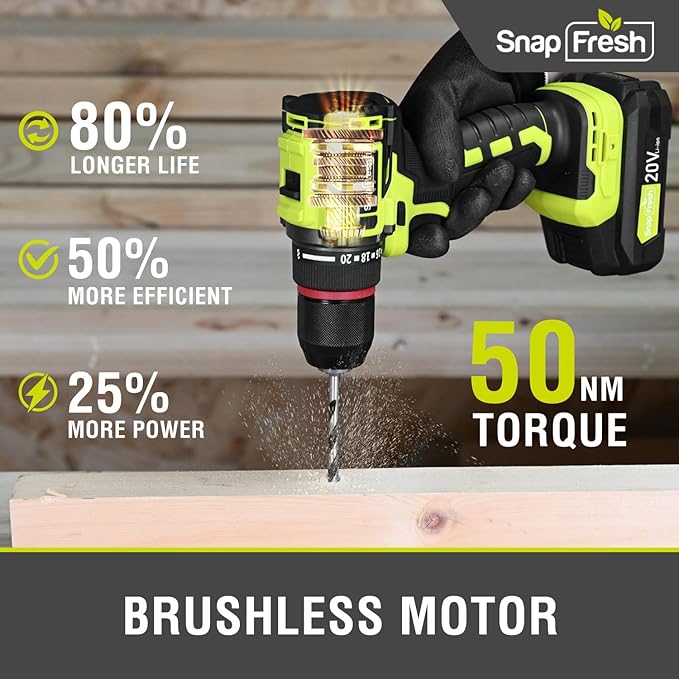 SnapFresh 20V Cordless Brushless Drill Driver, 1/2" Compact Power Drill Set with 500 in-lbs Torque, 20+1 Clutch & 2 Variable Speeds, LED, 2.0Ah Battery & Fast Charger, Electric Tool Kit for Home & DIY