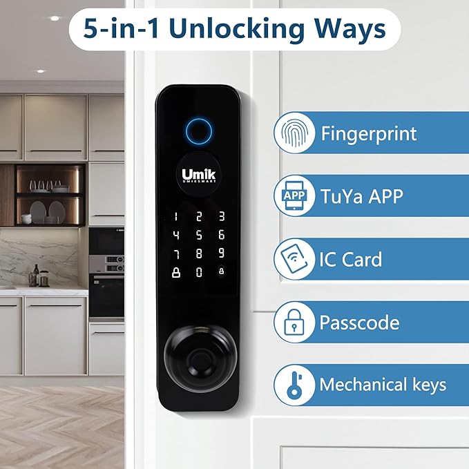 Fingerprint Smart Door Lock, 5-in-1 Keyless Entry Door Lock with Doorbell for Front Door, APP Remote Control (Black)