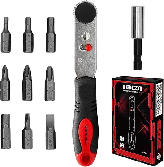 Angle Ratchet Screwdriver Set: 10 Piece Magnetic Bit with 90 degree Mini Offset Low Profile Reversible Drive Handle - DIY Bike Tight Spaces