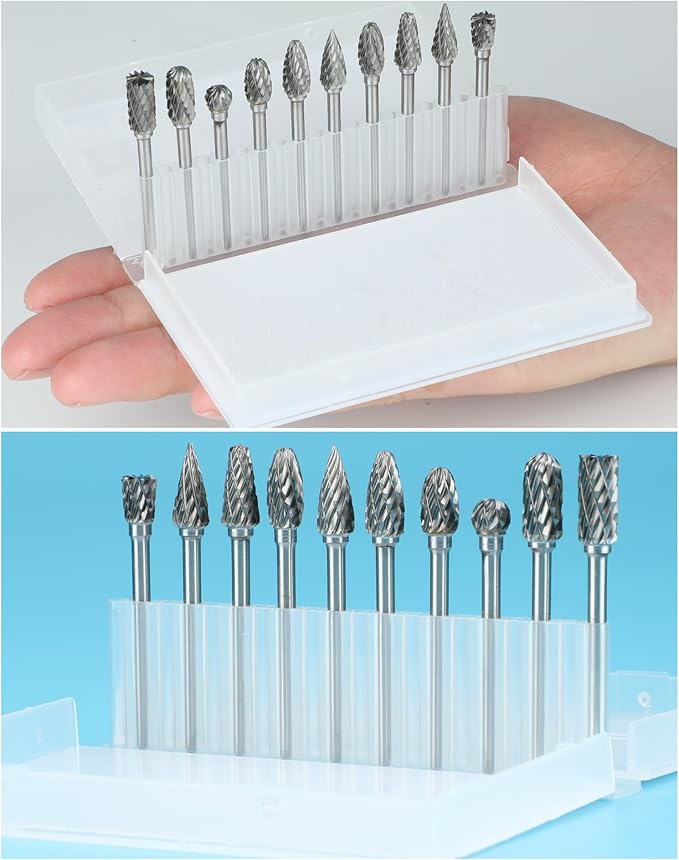 10 Pcs Carbide Burr Set 1/8" Shank Compatible with Dremel Bits Rotary Tools Attachment Kit Rasp Drill File Accessories Metal Wood Stone Steel Grinding Carving Cutting Polishing Engraving