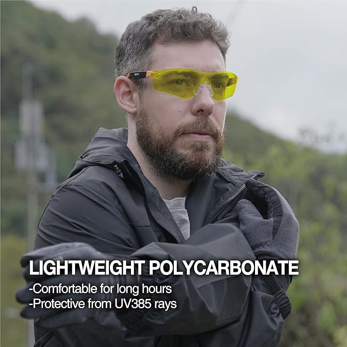 DEX FIT Safety Work Over Glasses SG210 OTG; Z87 Eye Protection for Men & Women, Fog & Scratch Resistant, Adjustable, UV & Blue Light Blocking (Black & Blue Frame, Yellow Lens)