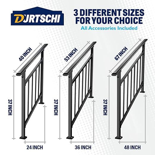 Updated Handrails for Outdoor Steps, 4-5 Steps Wrought Iron Stair Railing, Flexible Exterior Stair Railing for Concrete or Wooden Stairs, Transitional Handrails for Exterior Step with Installation Kit