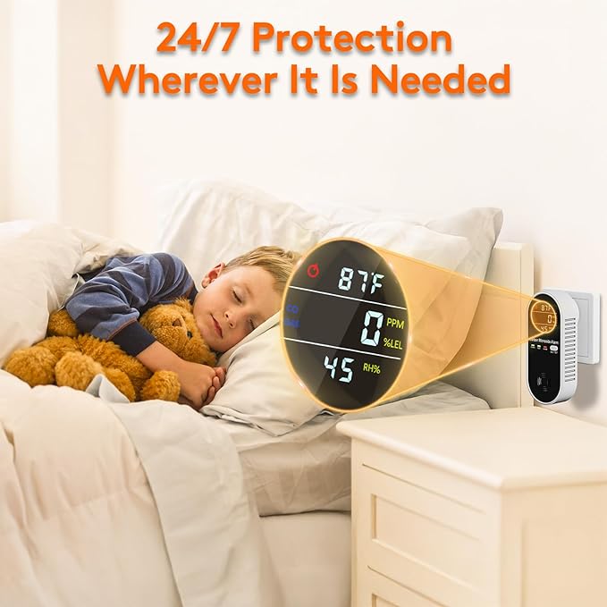 Portable Carbon Monoxide Detectors Plug in 4-in-1 Gas Detector for Home, RV, Hotel Room – Natural Gas & CO Alarm with Temperature & Humidity Display (1 Pack)