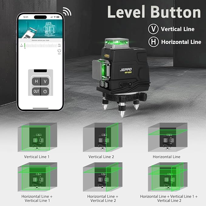 JEPPO Laser Level 360 Self Leveling,3x360° Cross Line Green Laser Level,3D Lazer Level for construction and picture hanging,APP Remote Control,with 5000mAh Rechargeable Battery,Magnetic Rotating Stand