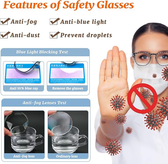 Safety Glasses Anti Fog Clear Blue Light Blocking Eye Protection Nurse Goggles for Women Men
