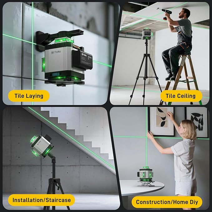 Laser Level, MrToNo 4 x 360°Self Leveling Laser Level, 16 Lines 4D Laser Measuring Tool Green Lazer Leve, for Construction, Ceiling, Tiling, Framing, Home Renovation, Picture Hanging (Silver)
