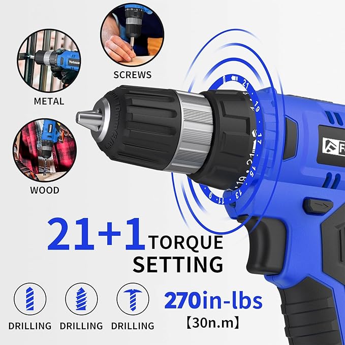 20V Electric Drill Set with Battery and Charger, 30N Torque, 21+1 Settings, 3/8-Inch Keyless Chuck, LED Electric Drill Set (Blue)