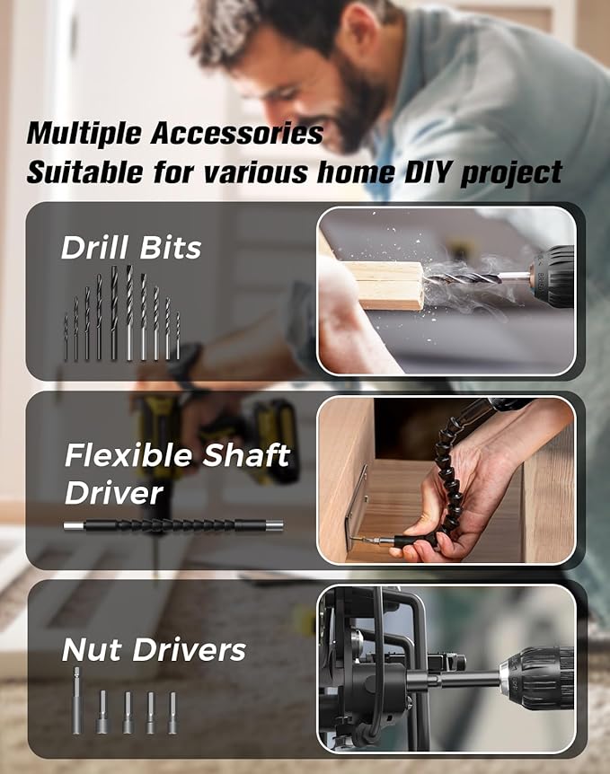 Cordless Drill, 20V MAX Power Drill Set with Dual Power Pack & Charger, 3/8 Inch Keyless Chuck, Variable Speed, 25+1 Position and 56PCS Bits/Screws, Power Tools for Home Projects