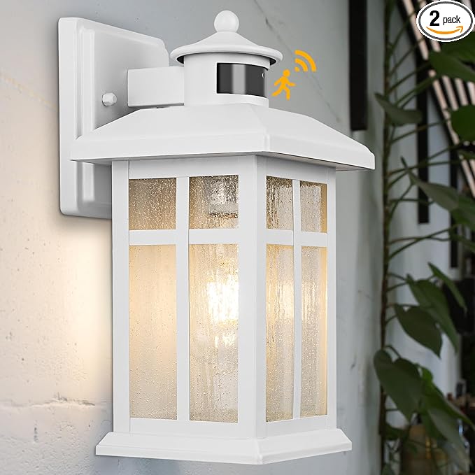 Dawn to Dusk Motion Sensor Wall Light Fixtures - White Wall Mount with E26 Sockets & Tempered Glass, Waterproof Outdoor & Indoor Lights for House, Porch, Garage, Door