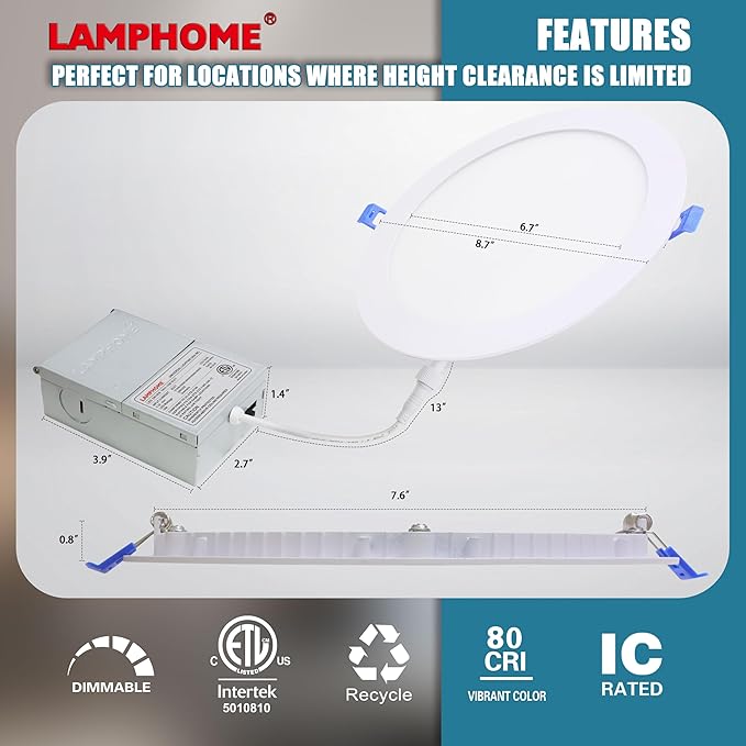 1-Pack of 8-Inch Slim LED Recessed Lights with Junction Box, Adjustable Color Temperatures (2700K-5000K), 18W Equivalent to 125W, Dimmable, 1600LM Brightness - ETL and Energy Star Certified