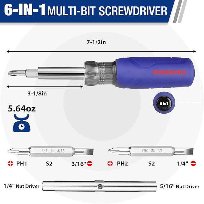 WORKPRO 6-in-1 Basic & 4-in-1 Electronics Screwdriver/Nut Driver Set Tool Confort Grip, 2PCS Portable Screw-driver, 8 Basic & Precision Bits (Philips/Slotted), 2 Nut Driver Sizes