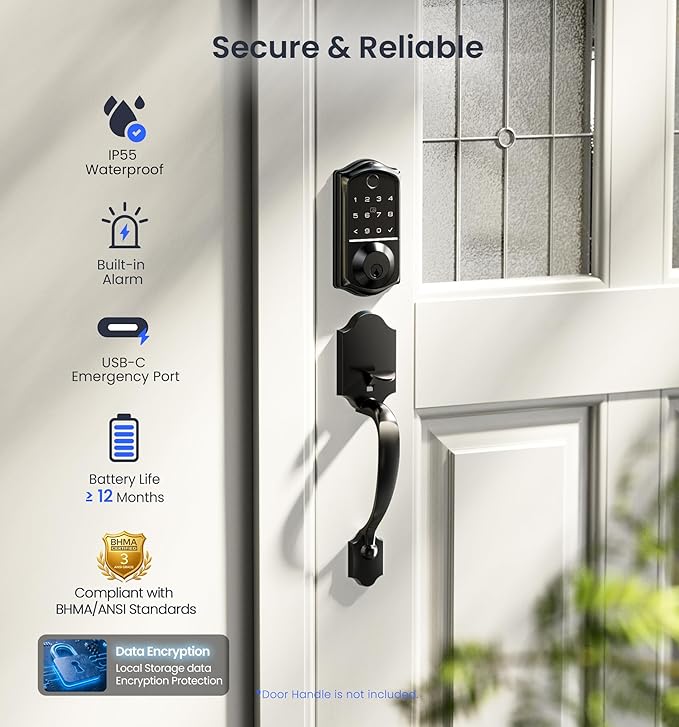 Veise VE017 Fingerprint Smart Door Lock, App Control, 7-in-1 Keyless Entry, Auto Lock, Emergency Power Port, Electronic Touchscreen Keypad, Biometric Smart Locks for Front Door, Matte Black