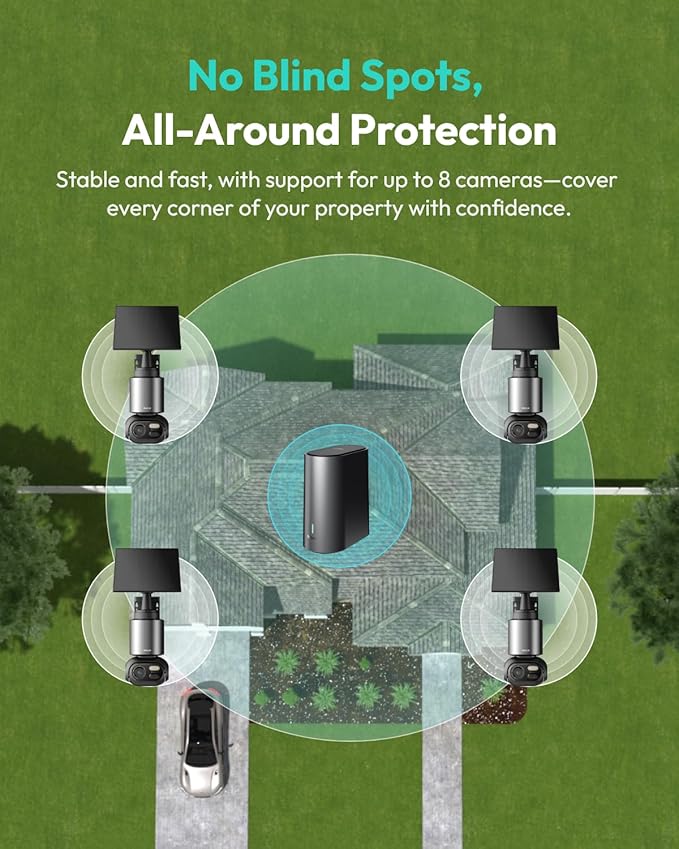 Security Cameras Wireless Outdoor, 4 Cam-Kit, 4K Color Night Vision, Solar Security Camera System with 360° PT, No Monthly Fee, 32G Local Storage HomeBase, AI Recognition, DIY Installation