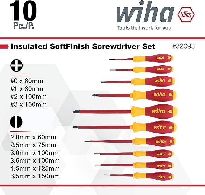 Wiha 32093 Slotted and Phillips Insulated Screwdriver Set, 1000 Volt, 10 Piece