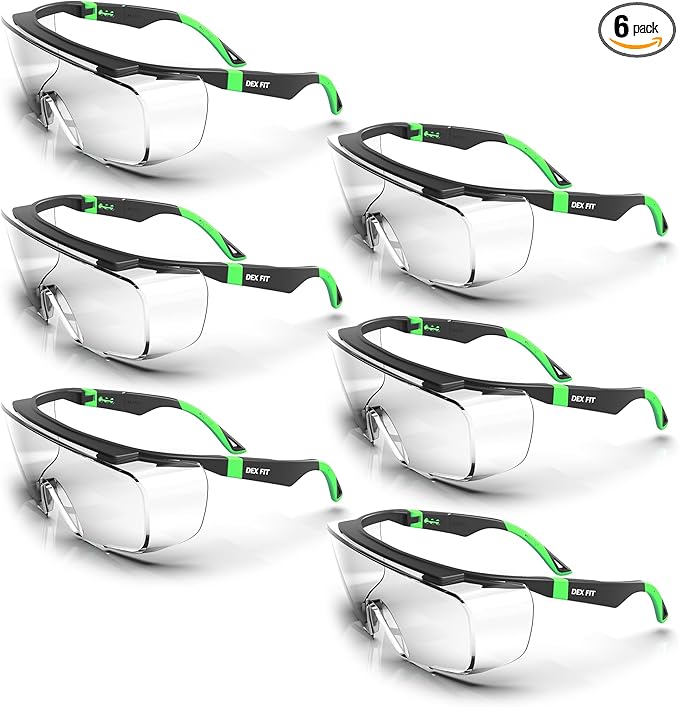 DEX FIT Safety Work Over Glasses SG210 OTG; 6 Pairs, Z87 for Men & Women, Fog & Scratch Resistant, Adjustable, UV Block (Black & Green Frame, Clear Lens)