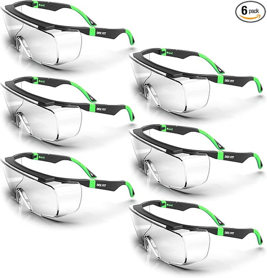 DEX FIT Safety Work Over Glasses SG210 OTG; 6 Pairs, Z87 for Men & Women, Fog & Scratch Resistant, Adjustable, UV Block (Black & Green Frame, Clear Lens)