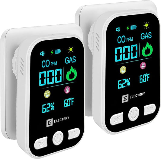 2 Pack Carbon Monoxide Detectors & Natural Gas Alarm – 4-in-1 Portable Plug-in Detector with Battery Backup, LCD Display, Temperature & Humidity, CO & Gas Leak Sensor for Home, Apartment, RV & Travel