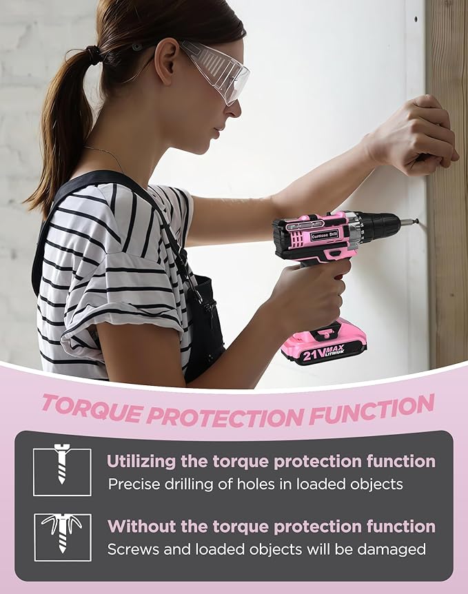 Drill, 21V Cordless Drill with Dual 2.0Ah Power Pack and Charger, Electric Power Drills Set, 3/8 Inch Chuck, 25+1 Torque, 2 Speed 29 Accessories Tool for DIY, Gifts