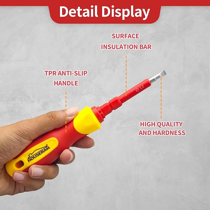 Insulated Screwdriver, HOUSERAN 5 Pcs Screwdriver Set, Electrician Tools Kit with Case, 1000V, Screw Driver with Interchangeable Blades, Electrical Screwdriver for Men Household Repair