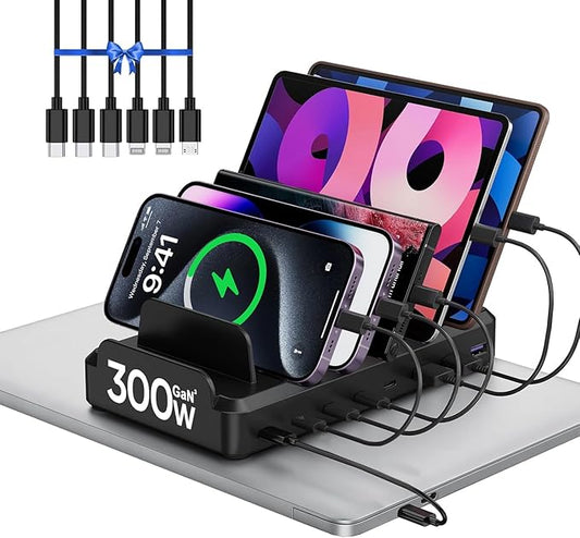 300W Charging Station for Multiple Devices, 8 Port Multi USB C Fast Charger Station Dock for MacBook iPhone 16/15/14/13/12 Samsung Pixel Series iPad, Black (6 Mixed Short Cables Included)