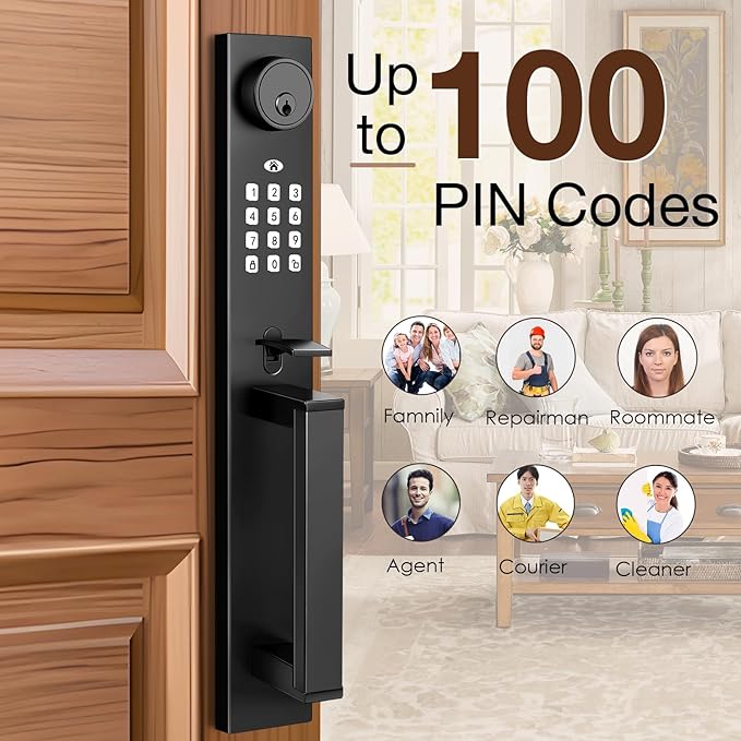 1 Pack Keyless Entry Door Lock Set, Electronic Keypad Handle with Deadbolt, Smart Lockset with App Control & Auto Lock, Single Cylinder Matte Black Front Door Handleset