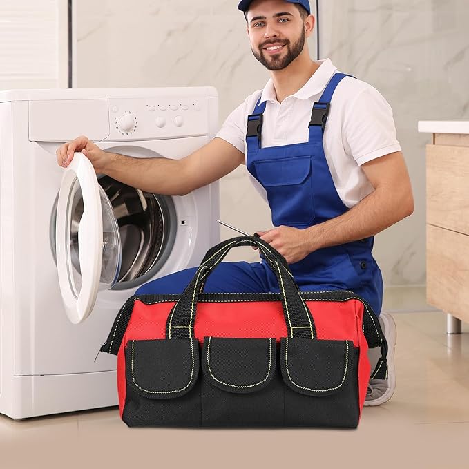 Sanwuta 9 Pcs Tool Bag for Men 3 Heavy Duty Wide Mouth Tool Bags and 6 Small Waterproof Pouch Tote for Electrician Carpenter Mechanic Father's Day Christmas Gifts(16 Inch,Blue Red Yellow)