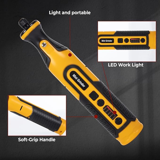7.2V Cordless Grinder Tool, Mini Rotary Tool Setwith Battery & Charger, 5Speed Adjustment, LED Light, 65 Piece Accessory Kit| Cutting/Polishing Wheels, Diamond Burrs, Sanding Bands