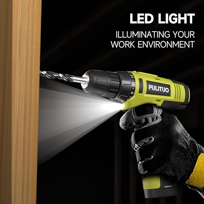 PULITUO 12V Green Cordless Drill Set - Power Drill Kit with Battery and Charger, 3/8-Inch Keyless Chuck, Built-in LED, 21+1 Torque Setting