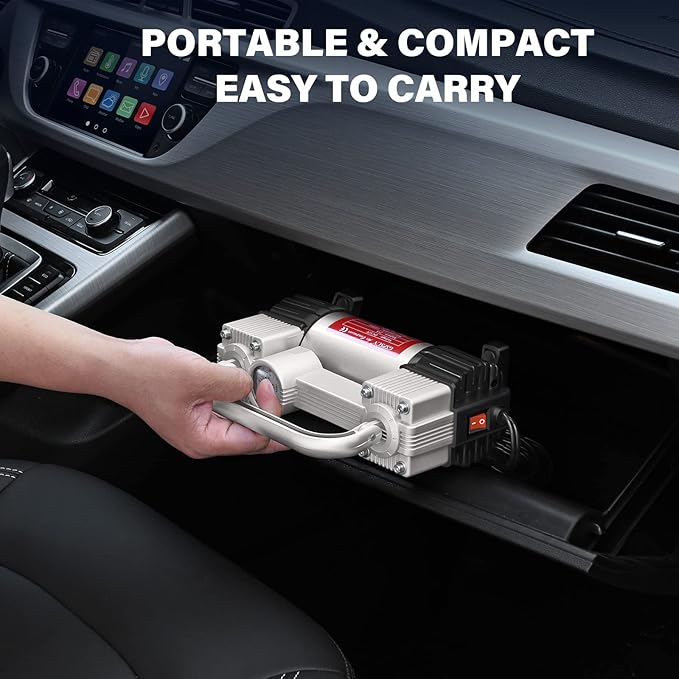 GSPSCN Silver Tire Inflator Heavy Duty Double Cylinders with Portable Bag- Car Accessories,Metal 12V Air Compressor Pump 150PSI with Adapter for Car, Truck, SUV Tires, Dinghy, Air Bed etc