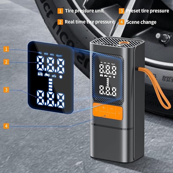 Tire Inflator, Portable Air Compressor for Car with Touch Screen, 150PSI Cordless, Fast Inflation (0-2.5BAR in 10min), Power Bank & LED Light, Auto Shut Off for Bike, Motorcycle, Ball