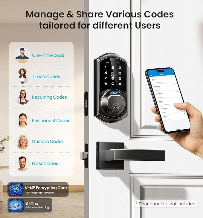 Veise VE07 Fingerprint Smart Door Lock, 7-in-1 Keyless Entry Deadbolt with App Control, Electronic Digital Touchscreen Keypad, Biometric Smart Locks for Front Door, Auto Lock, Matte Black